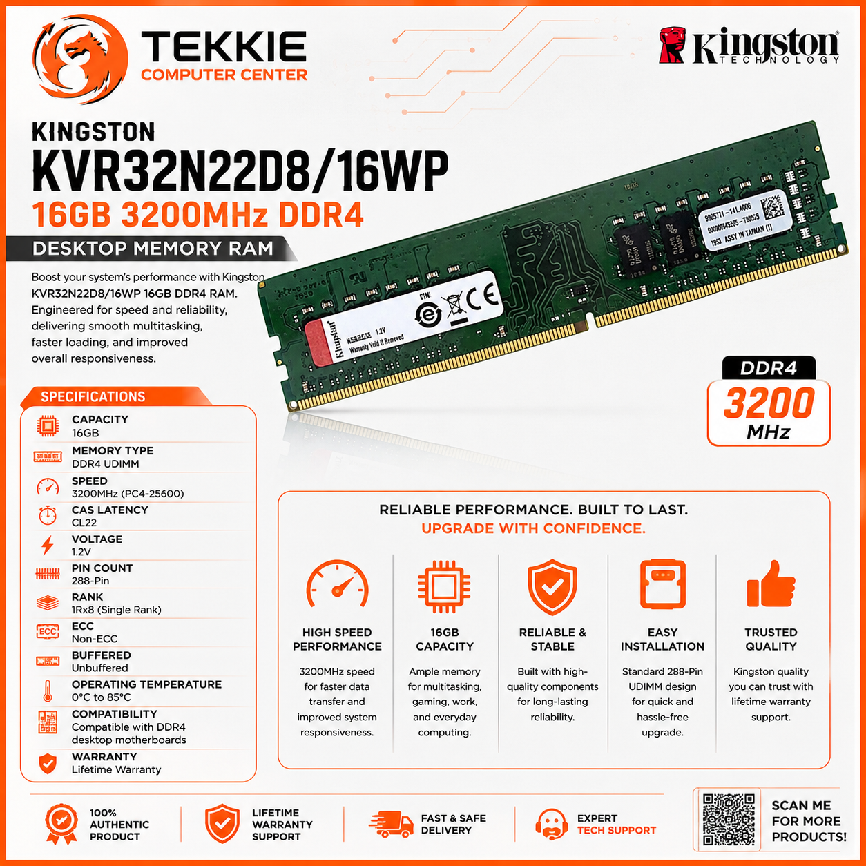 KINGSTON KVR32N22D8/16WP 16GB DDR4 3200MHZ DESKTOP RAM